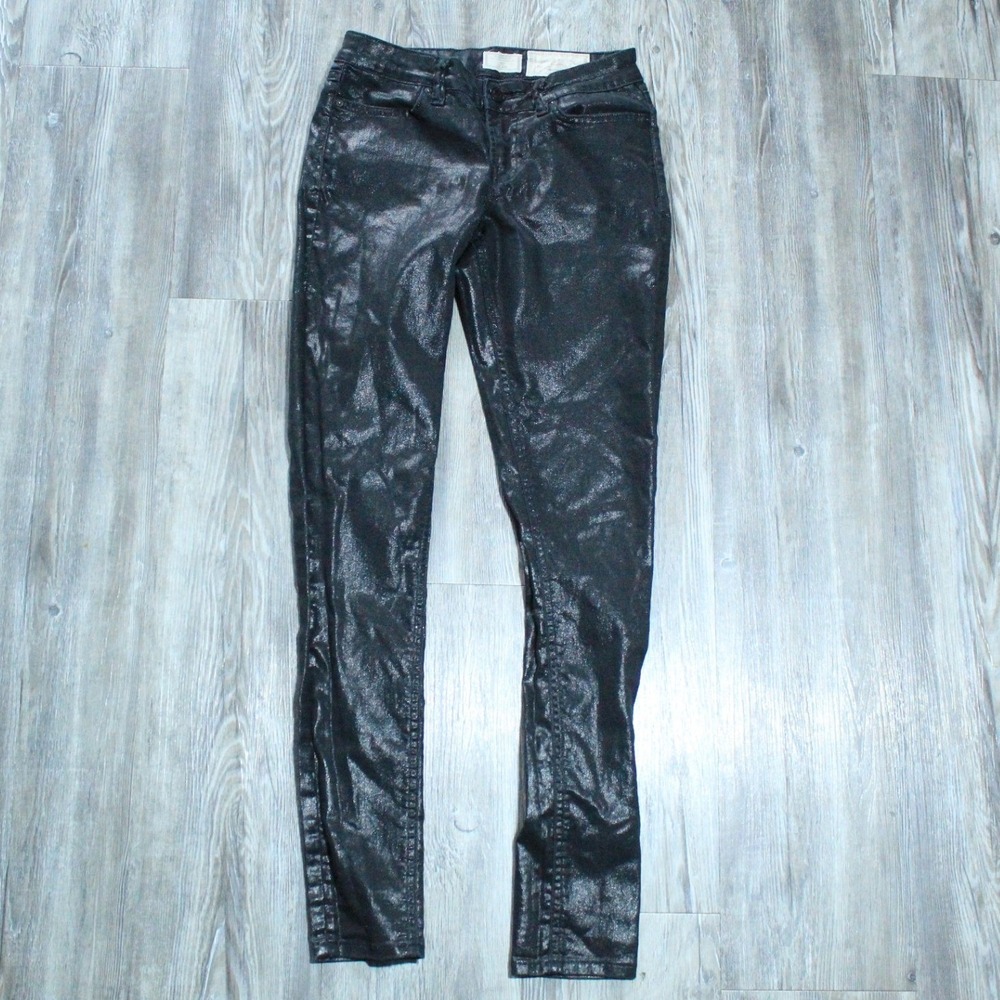 AllSaints Ashby Metallic Coated Jeans Women's Sz 26 Black Low Rise Skinny Fit